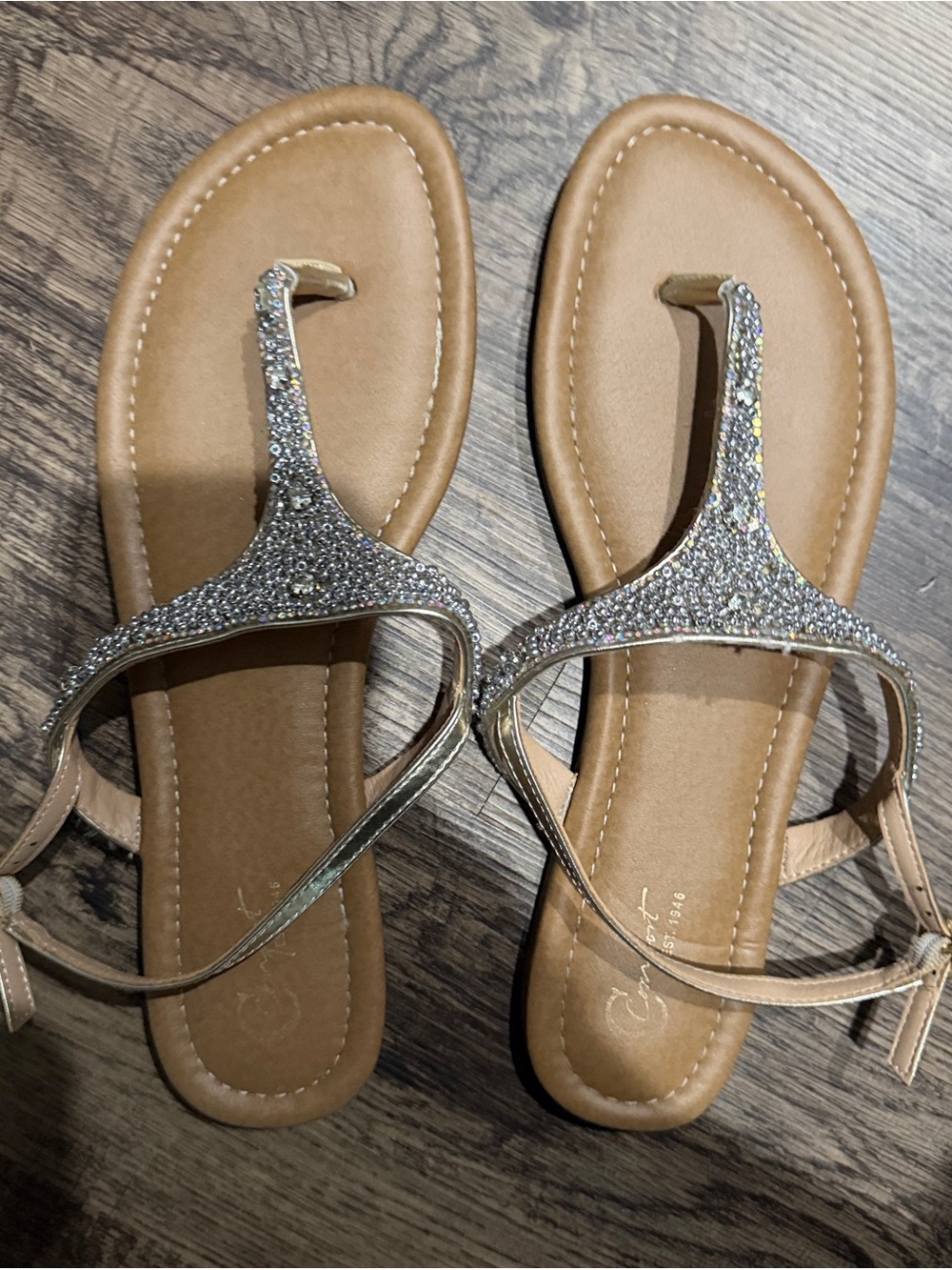Women's Rhinestone T-Strap Sandals with Metallic Accents size 11
